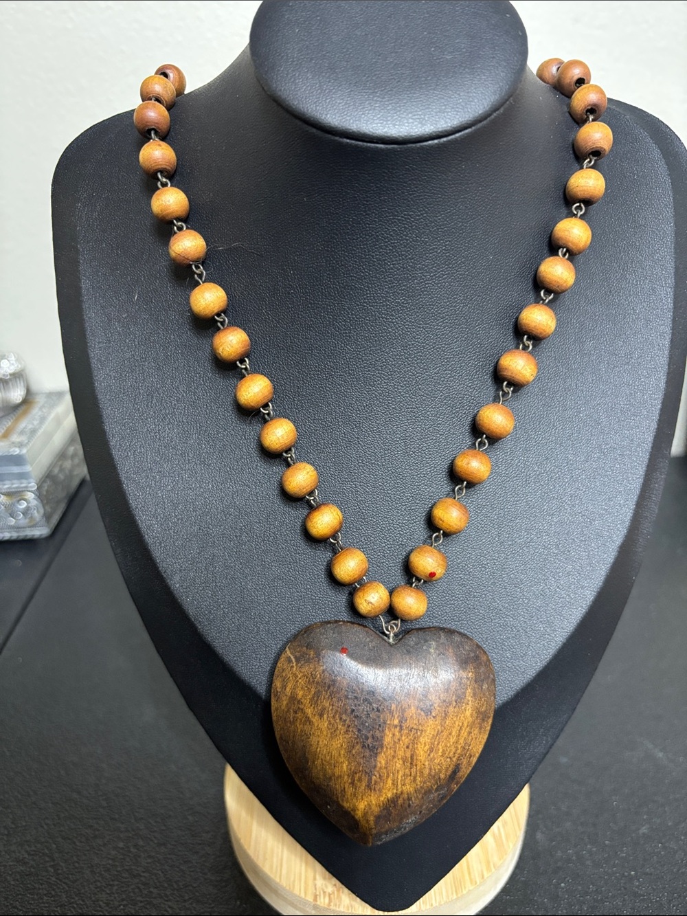 Vintage Handcrafted Brown Wooden Large Heart Pendant Necklace